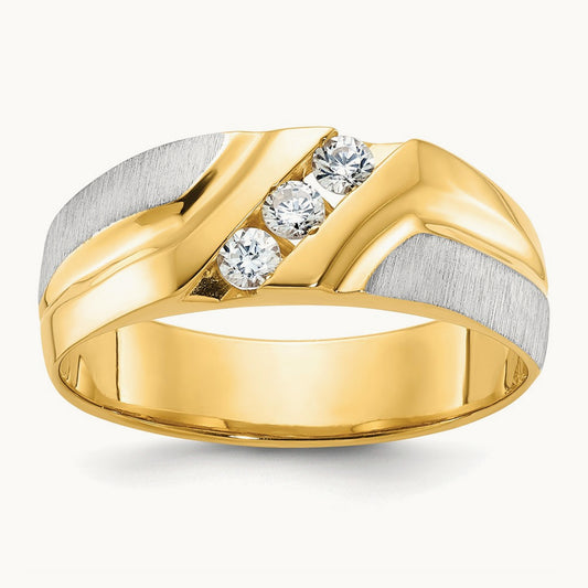 14ktt IBGoodman Men's Polished Satin & Grooved 3-Stone Diamond Ring