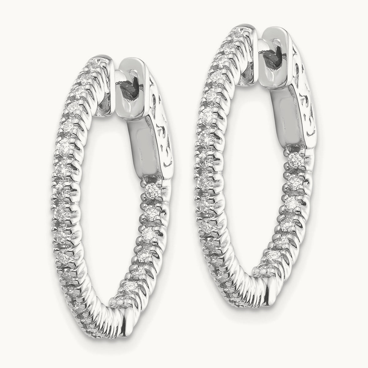 Diamond Round Hoop w/Safety Clasp Earrings, 14K White Gold