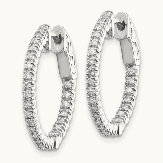 Diamond Round Hoop w/Safety Clasp Earrings, 14K White Gold
