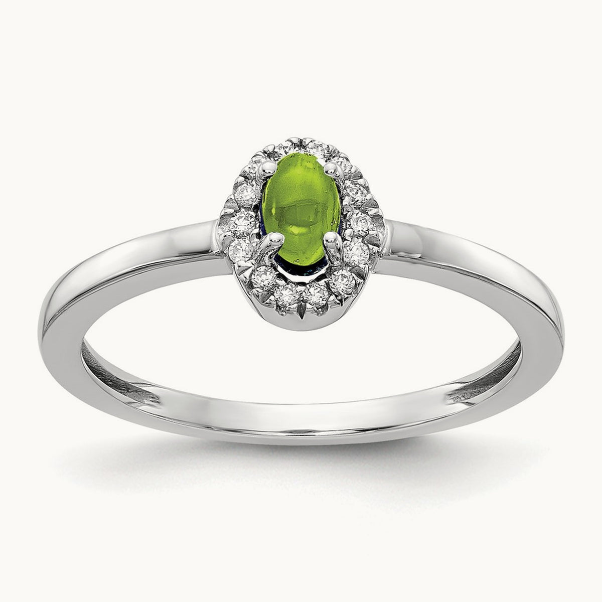 Diamond and Oval Cabochon Peridot Ring, 14K White Gold