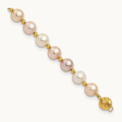 8- Semi-round Pink Purple White FWC Pearl D/C Beaded Bracelet, 9mm, 14K