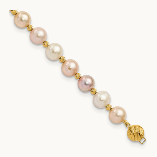 8- Semi-round Pink Purple White FWC Pearl D/C Beaded Bracelet, 9mm, 14K