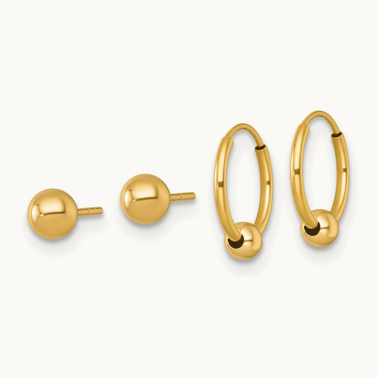 Polished Set of Two Post and Hoop w/ Bead Earrings, 14K