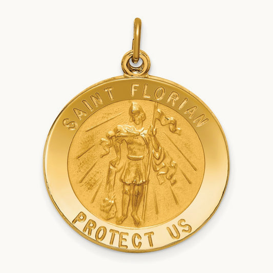 Solid Polished/Satin Round St. Florian Medal, 14K