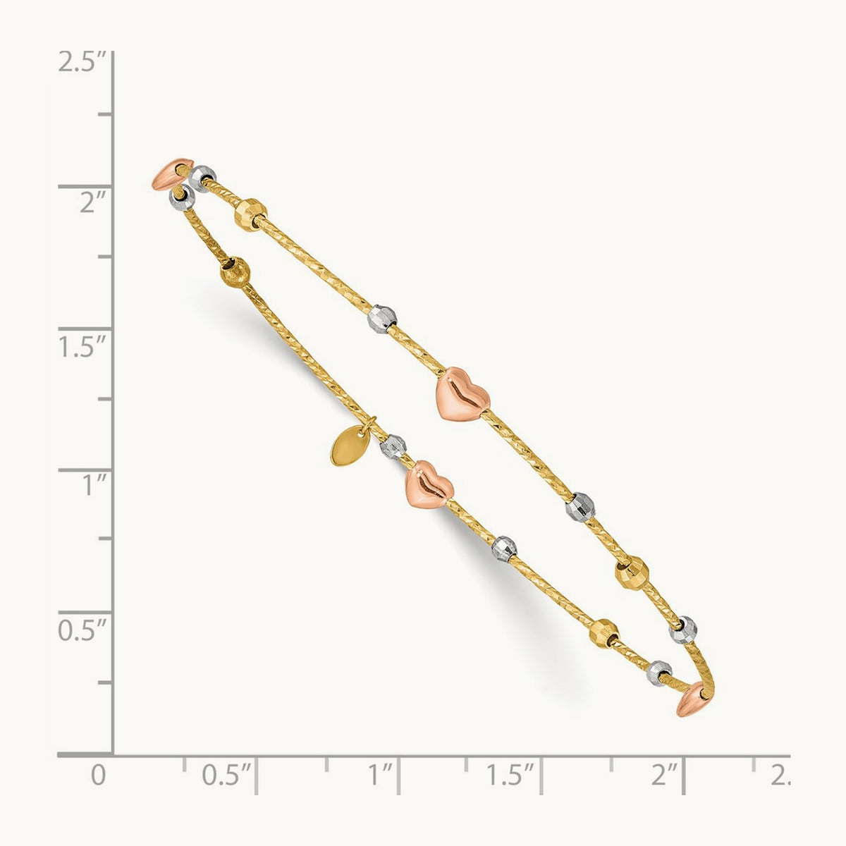 Tri-color Heart Diamond-cut Slip-on Bangle, 14K