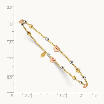 Tri-color Heart Diamond-cut Slip-on Bangle, 14K