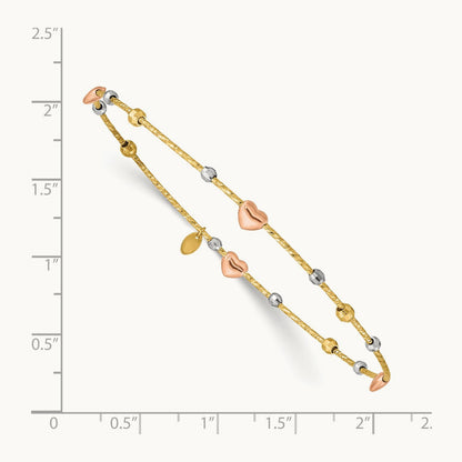 Tri-color Heart Diamond-cut Slip-on Bangle, 14K