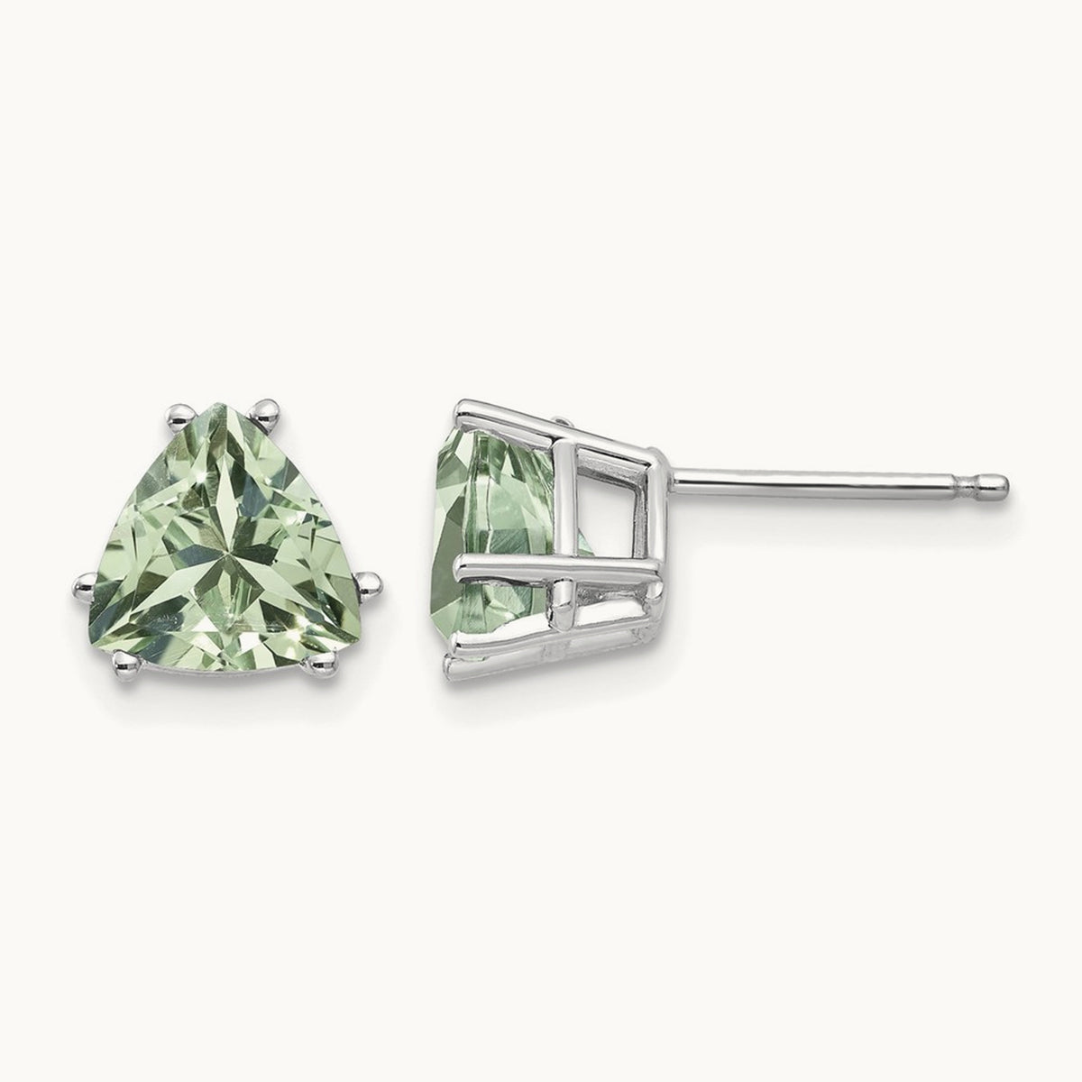 Trillion Green Quartz Earrings, 7mm, 14K White Gold