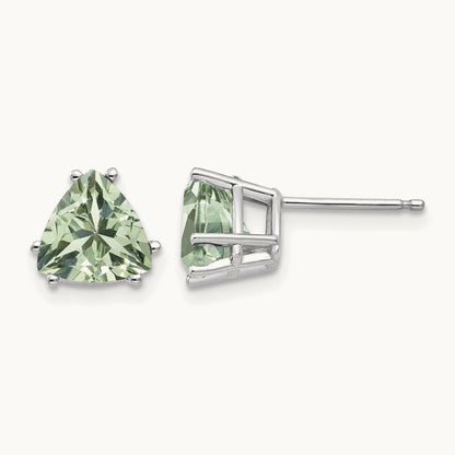 Trillion Green Quartz Earrings, 7mm, 14K White Gold