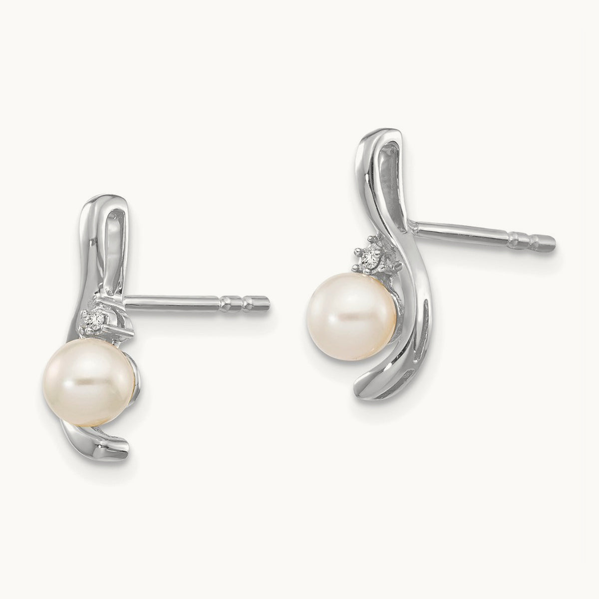 Freshwater Cultured Pearl and Diamond Post Earrings — 14K White Gold, 14mm