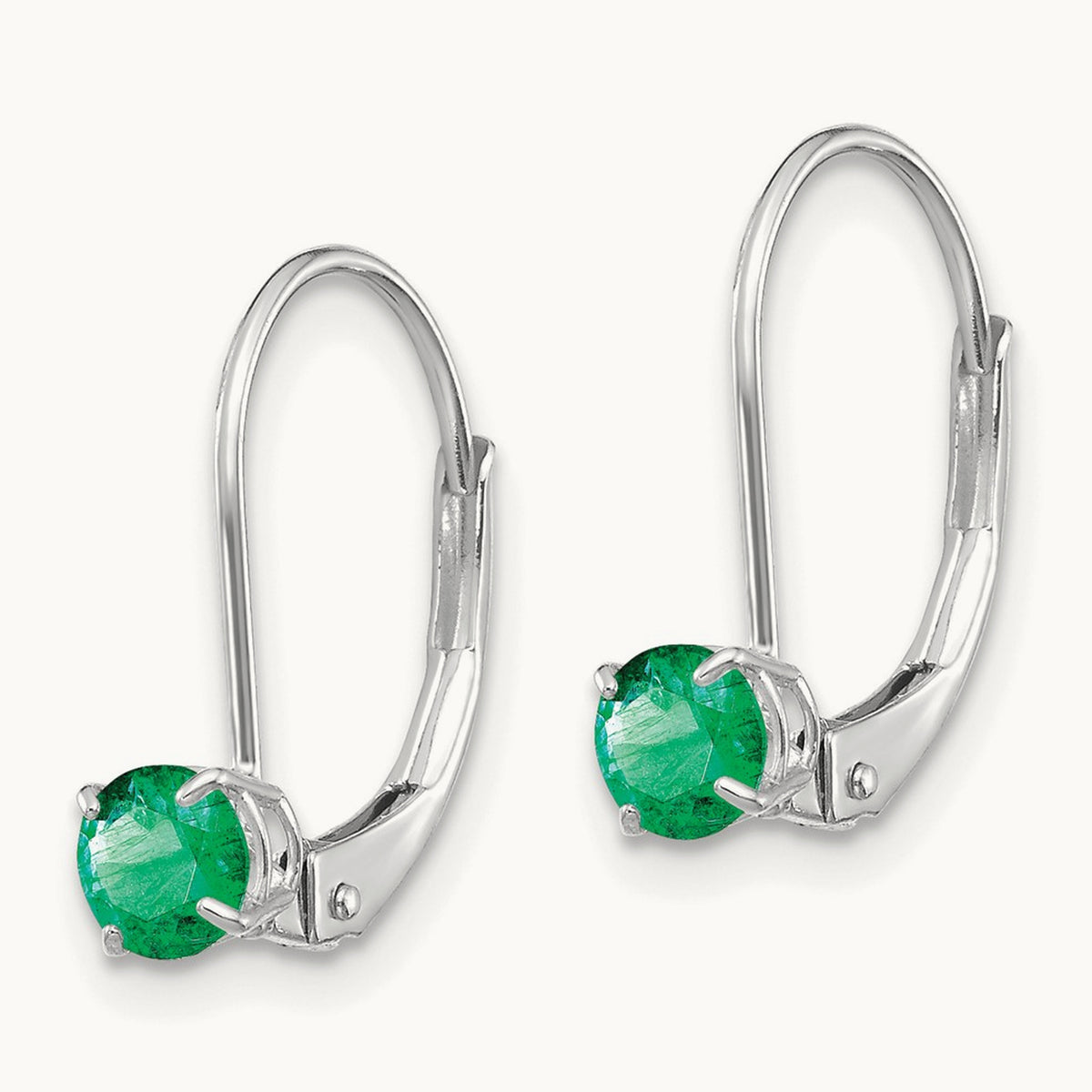 Round May/Emerald Leverback Earrings — 14K White Gold