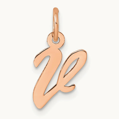 Small Script Letter V Initial Charm, 14K Rose Gold