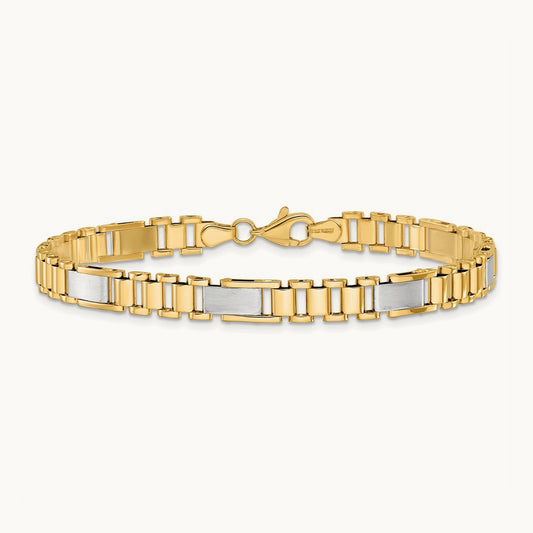 Brushed and Polished Fancy Link 8in Bracelet, 14K Two-tone