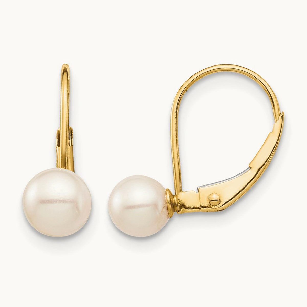 Madi K 5- White Round FW Cultured Pearl Leverback Earrings, 6mm, 14K