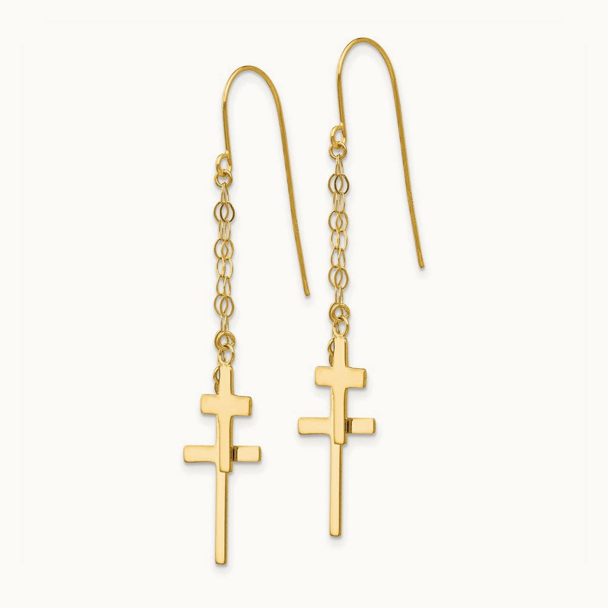 Chain Dangle Cross Shepherd Hook Earrings — 14K Yellow Gold