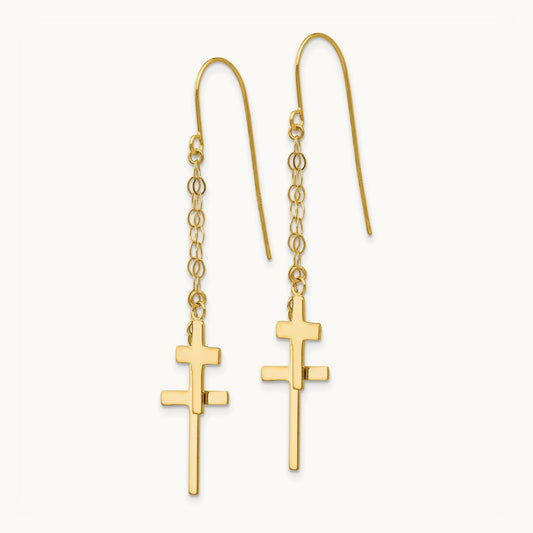 Chain Dangle Cross Shepherd Hook Earrings — 14K Yellow Gold
