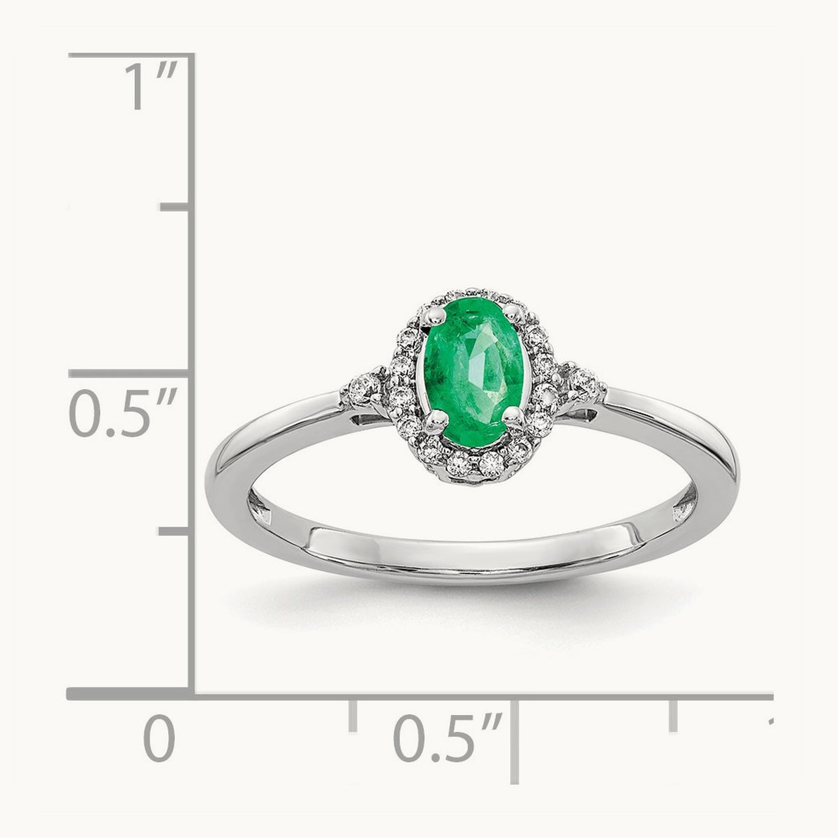 Oval Emerald and Diamond Halo Ring, 14K White Gold