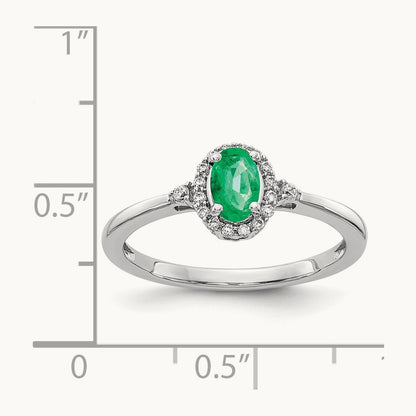 Oval Emerald and Diamond Halo Ring, 14K White Gold