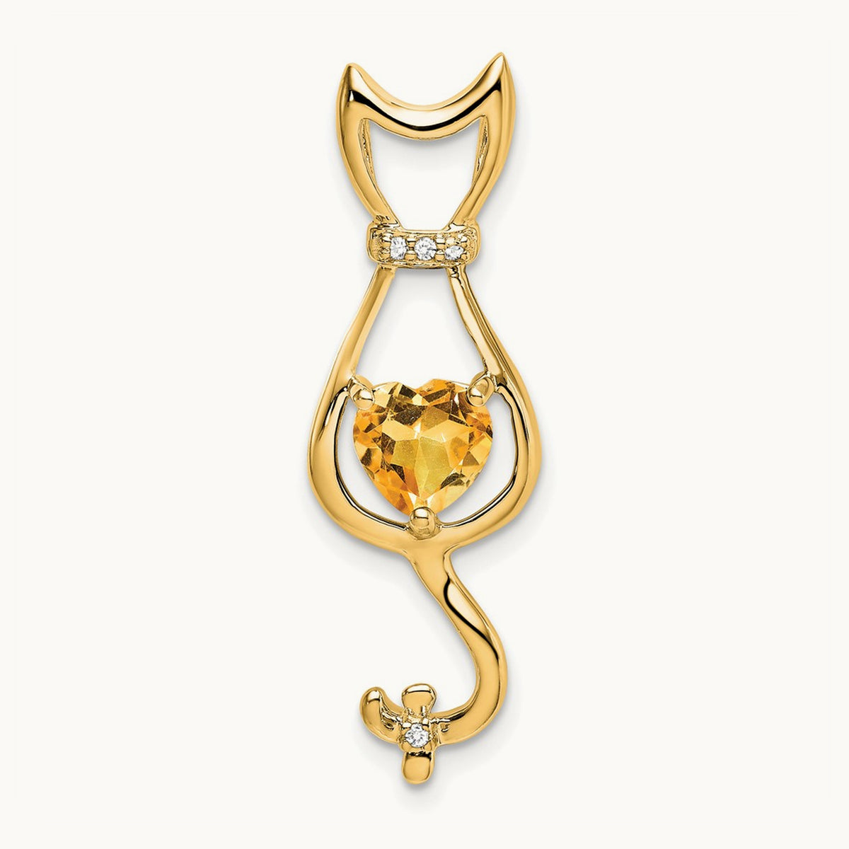 Citrine and Diamond Cat Pendant — 14K Yellow Gold