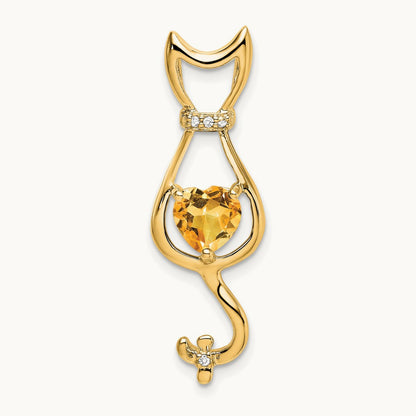 Citrine and Diamond Cat Pendant — 14K Yellow Gold