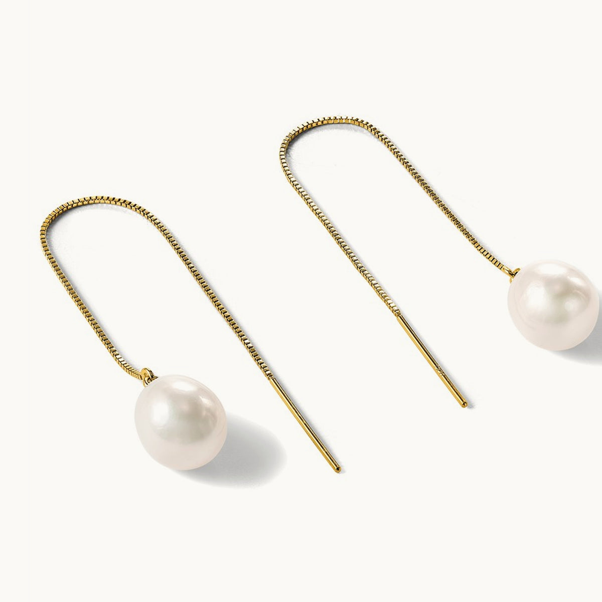 7- White Teardrop FW Cultured Pearl Box Chain Threader Earrings, 8mm, 14K