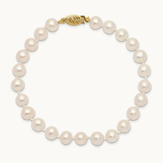 6- White Near Round Freshwater Cultured Pearl Bracelet, 7mm, 14K