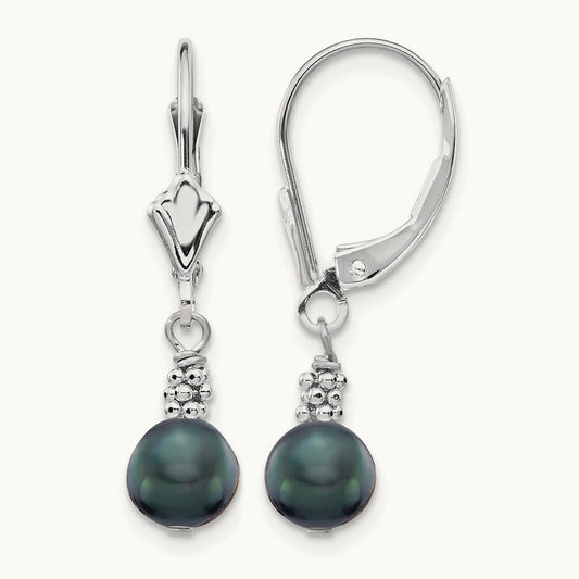 5- Black Semi-round FWC Pearl Leverback Earrings, 6mm, 14K White Gold