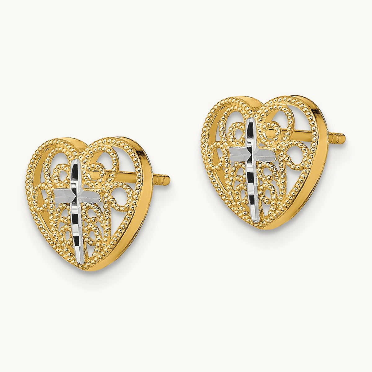 w/Rhodium Filigree Cross Center Heart Post Earrings, 14K