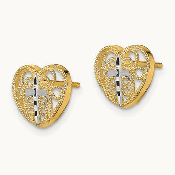 w/Rhodium Filigree Cross Center Heart Post Earrings, 14K