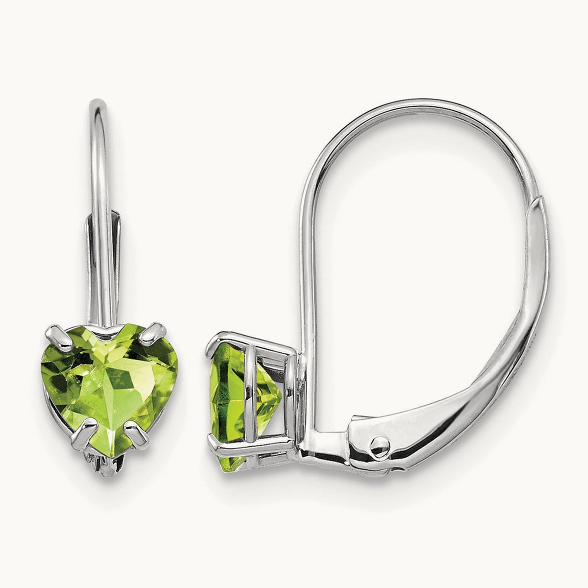 Heart Peridot Leverback Earrings — 14K White Gold