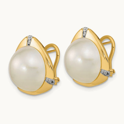12- White Saltwater Mabe Pearl .06ct Diamond Omega Back Earrings, 13mm, 14K