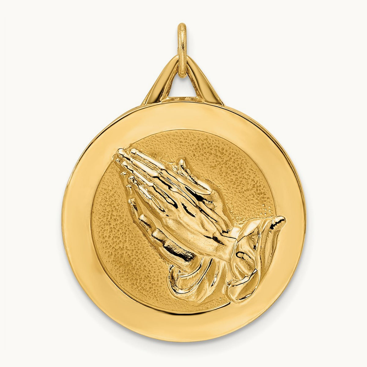 Polished and Satin Solid Praying Hands Disc Pendant — 30mm