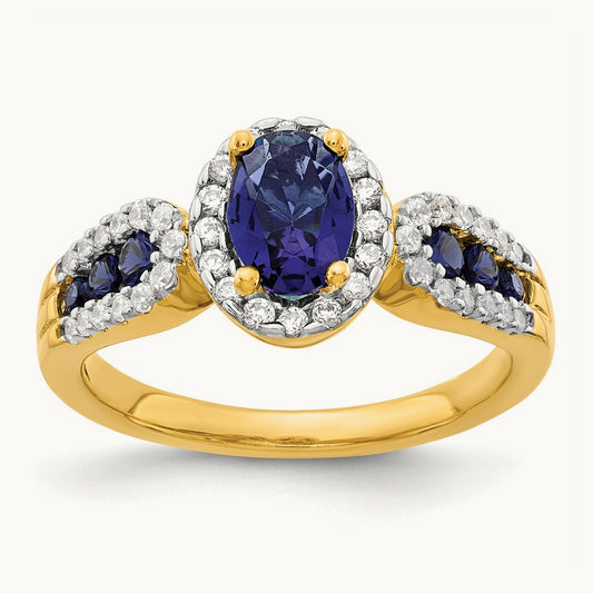 Oval Created Sapphire Ring — 14K Yellow Gold, 7