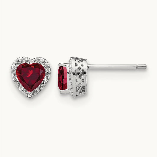 Created Ruby Halo Post Earrings, 0.10 ct tw Lab-Grown Diamond