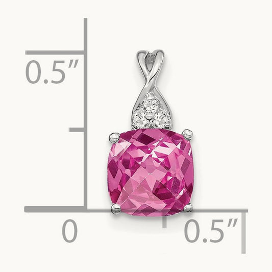 Checkerboard Created Pink Sapphire and Diamond Pendant, 14K White Gold