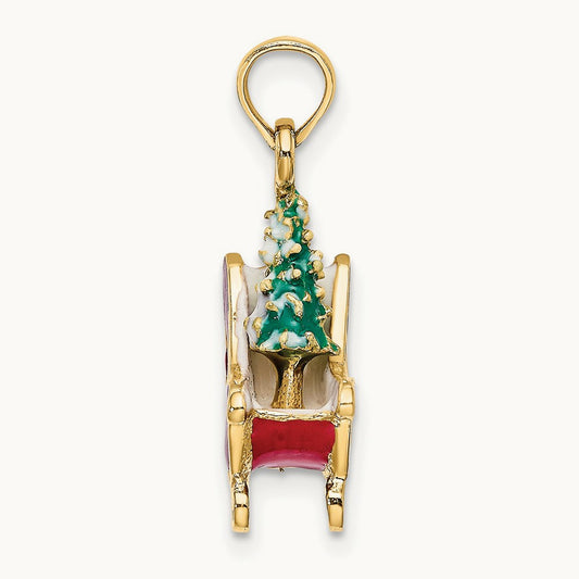 3-D Enamel Sleigh w/Christmas Tree Charm, 14K