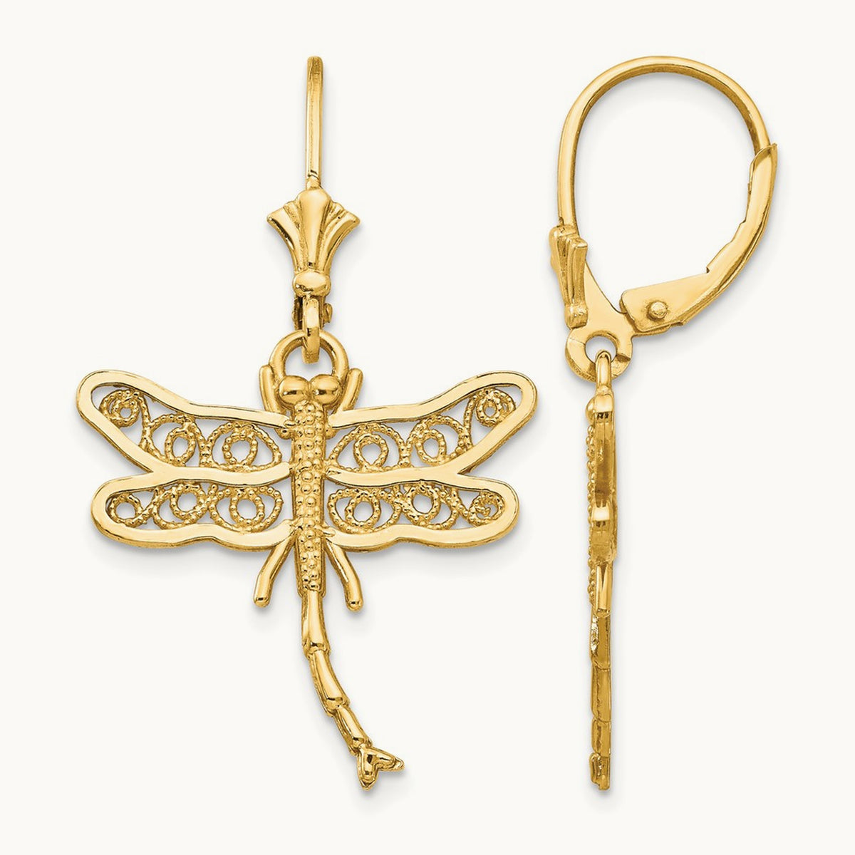 Dragonfly w/Filigree Wings Leverback Earrings, 14K