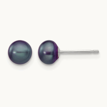Black Button Freshwater Cultured Pearl Stud Post Earrings — 14K White Gold