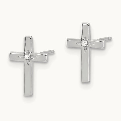 Cross Post Earrings with White Rhodium — 14K White Gold