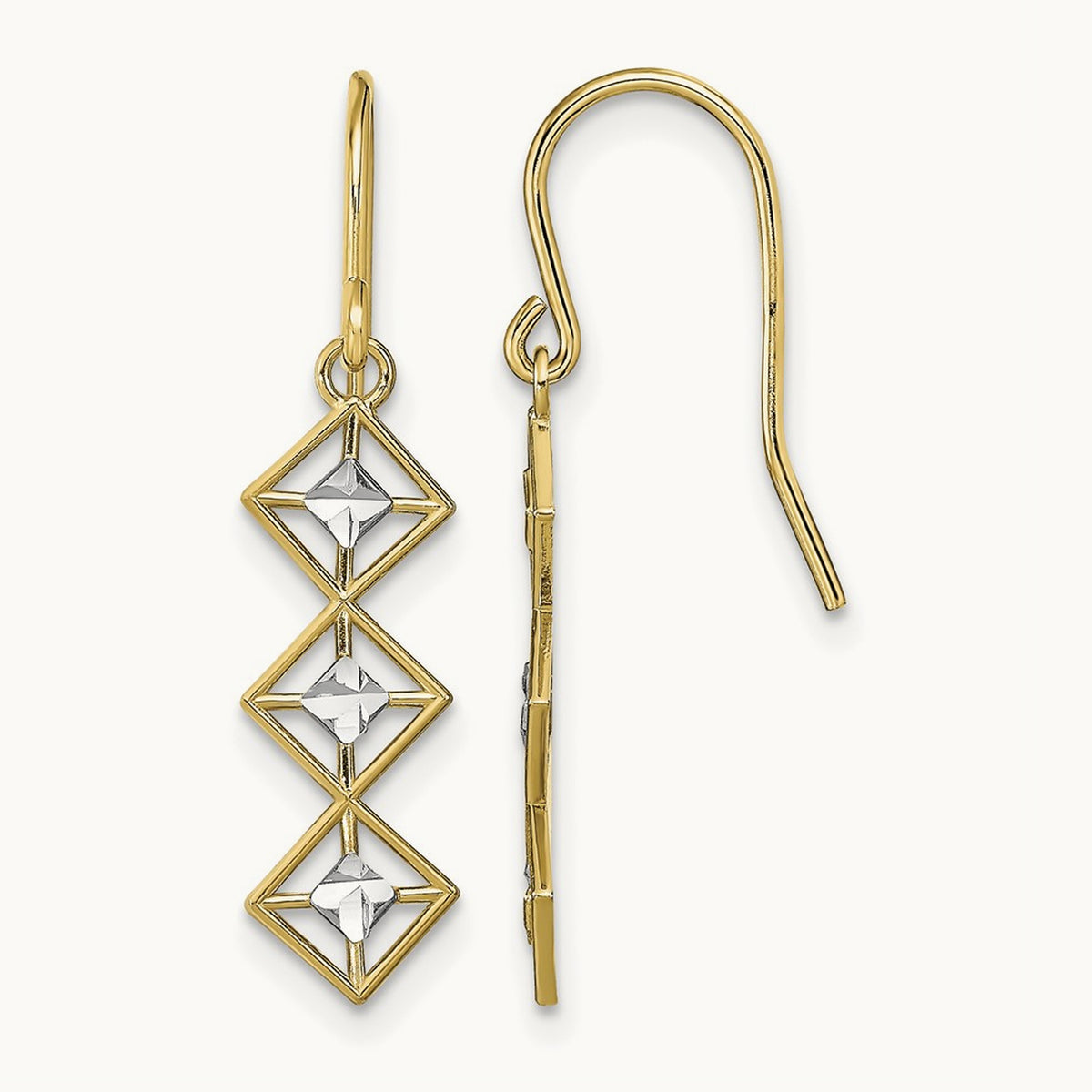 w/Rhodium Fancy Diamond-cut Dangle Wire Earrings, 14K