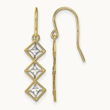 w/Rhodium Fancy Diamond-cut Dangle Wire Earrings, 14K