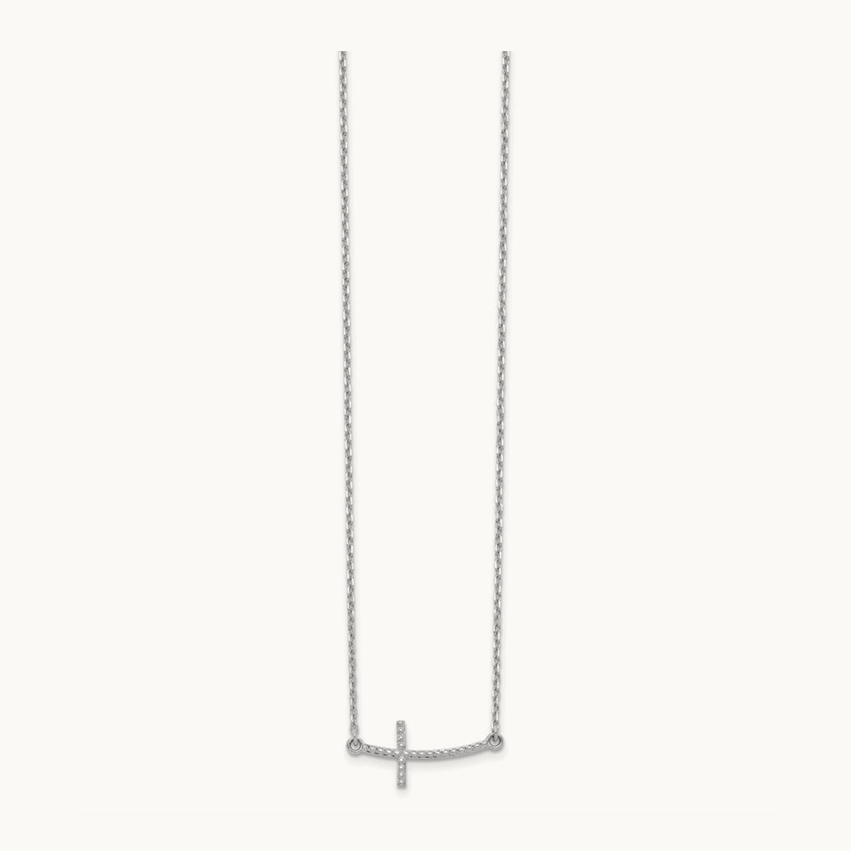 Sideways Curved Textured Cross Necklace — 14K White Gold