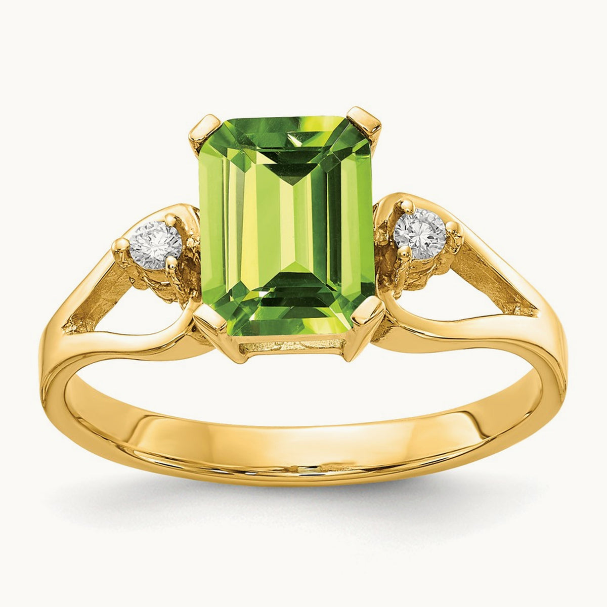 8x6mm Emerald Cut Peridot AA Diamond ring, 14K