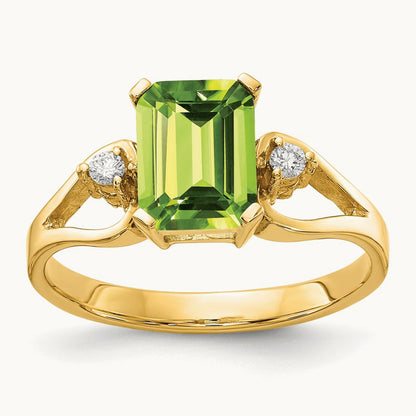 8x6mm Emerald Cut Peridot AA Diamond ring, 14K