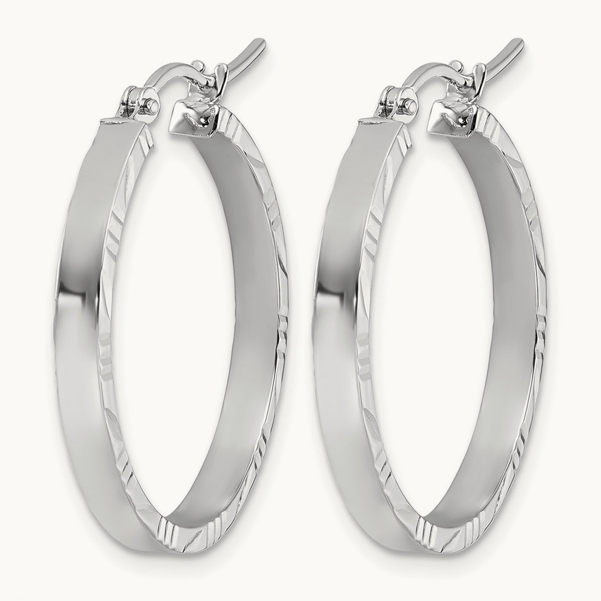 Diamond-cut Edge Medium Polished Hoop Earrings — 14K White Gold