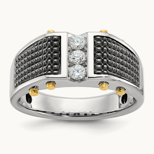 14ktt w/ Black RH IBGoodman Men's Textured 3-Stone Diamond Ring