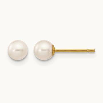 4- White Round Freshwater Cultured Pearl Stud Post Earrings, 5mm, 14K