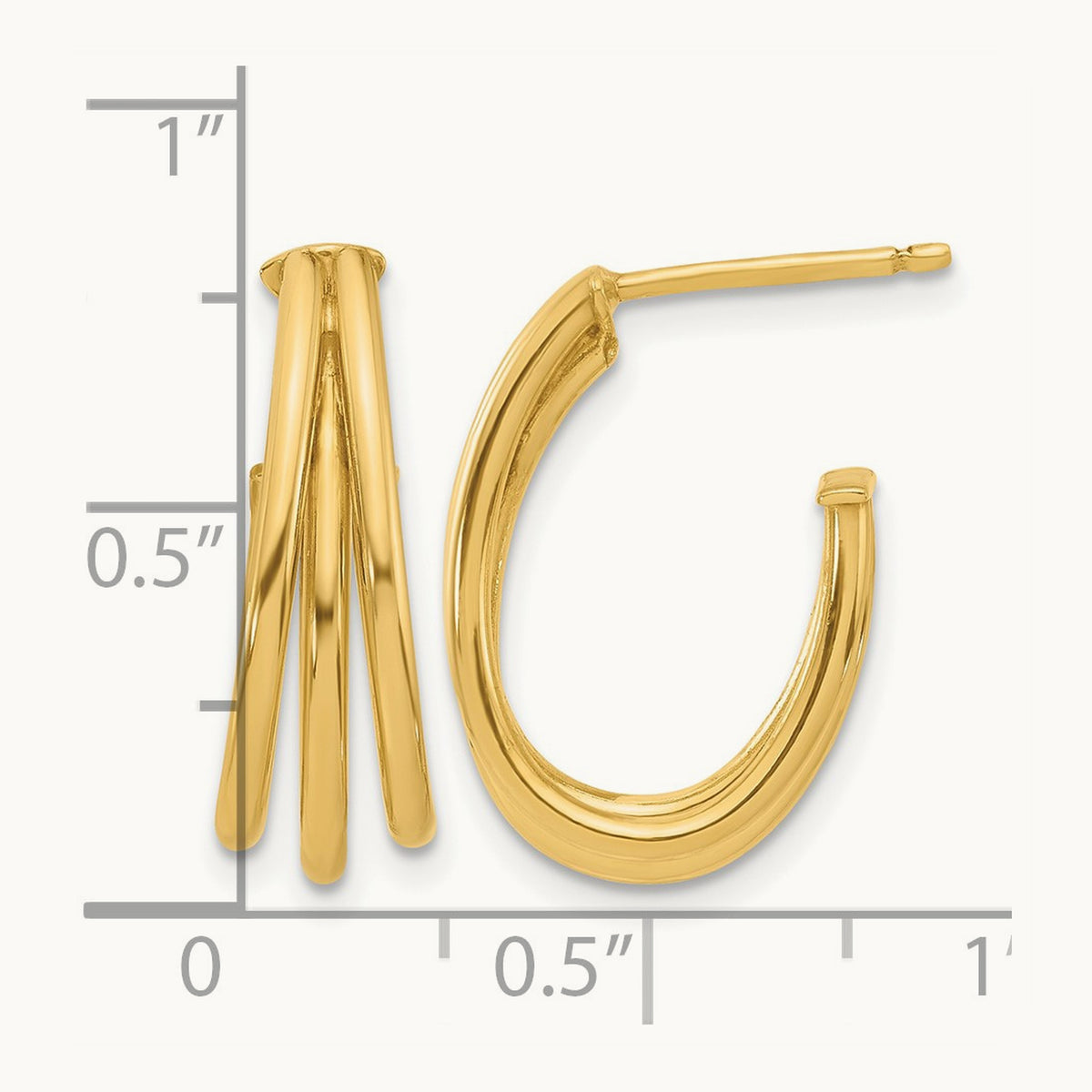 Polished 3-Row J-Hoop Post Earrings, 14K — Leslie's