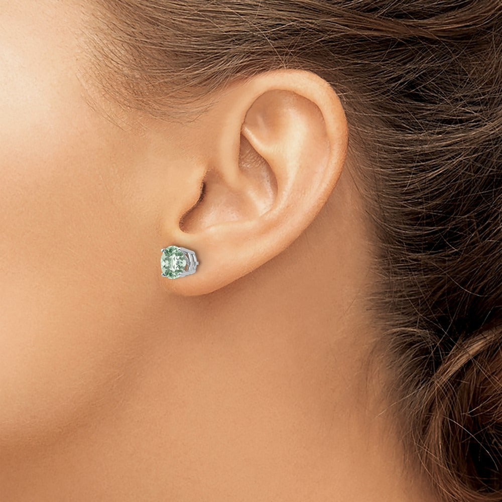 Round Checker-Cut Green Quartz Earrings — 14K White Gold, 7mm