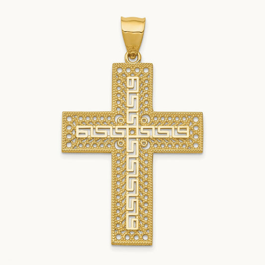Greek Key Filigree Cross Pendant, 14K